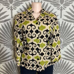 Wmns Linen Resort Blouse Geometric Print Green Boho Button Up Top L